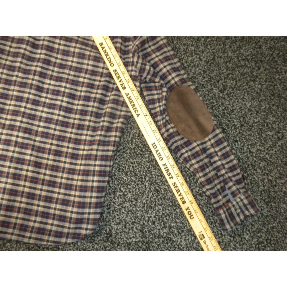 J Crew Shirt Mens M Blue Brown Plaid Flannel Wool Blend Leather Elbow Patch - Picture 11 of 11